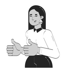 Arab female entrepreneur giving thumbs up doodle linear character. Business success demonstration. Woman office worker 2D vector outline person isolated. Hand drawn drawing illustration monochrome