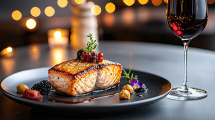 gourmet fish dish featuring beautifully cooked salmon, garnished with herbs and berries, served with glass of red wine in elegant setting