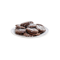 Obraz premium Chocolate sandwich cookies on plate:A pile of delicious chocolate sandwich cookies dusted with powdered sugar sits on a decorative plate, tempting viewers with their sweet and rich goodness. 