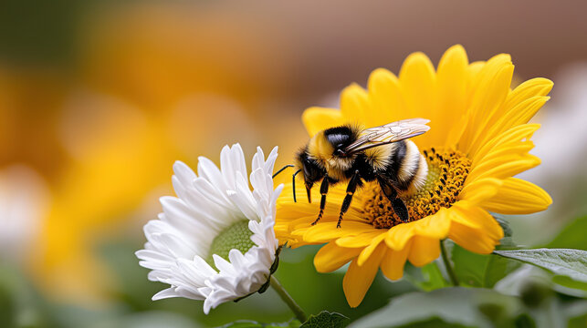 bee pollinating vibrant yellow and white flowers in garden, showcasing beauty of nature and importance of pollinators in ecosystem - Powered by Adobe