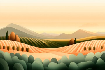 Obraz premium A flat geometric design of rows of grapevines in a vineyard, with a soft gradient sky and simple shapes