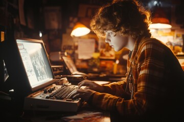 Obraz premium A nostalgic scene of a teenager recording music videos from TV using a VHS player, with a messy room filled with tapes