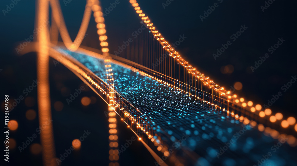 Poster vibrant digital representation of bridge illuminated with glowing lights, showcasing innovation and technology. intricate patterns of blue and orange create mesmerizing visual effect