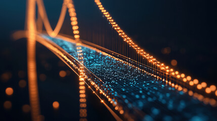 vibrant digital representation of bridge illuminated with glowing lights, showcasing innovation and technology. intricate patterns of blue and orange create mesmerizing visual effect