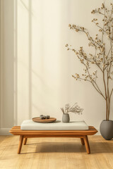 Fototapeta premium Simple wooden table adorned with floral decor in a bright indoor space