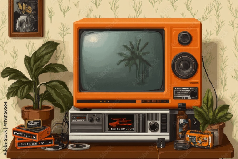 Poster a pixel art depiction of a cozy retro room with a vcr playing a movie on a crt tv, surrounded by tin