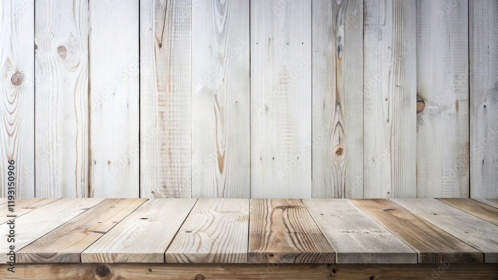 Aufkleber Rustic Wooden Tabletop Against a Weathered Plank Wall Background Ideal for Product Displays and Mockups