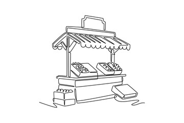 Outdoor street market concept. Single line draw design vector graphic illustration.