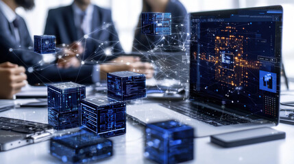 Business team collaborating on securing corporate data with technology, showcasing digital blocks and data visualization on laptop screen, emphasizing teamwork and innovation