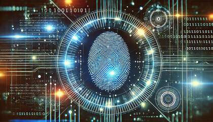 A glowing digital fingerprint pattern, zoomed in to focus on intricate details of the fingerprint itself