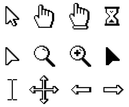 Pixelated white computer cursor icons. Pixelated white computer pointer icons
