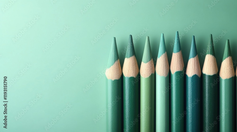 Poster Elegant gradient of green pencils arranged in a harmonious line against a soft mint background