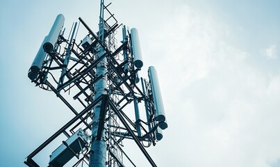 Cell tower against cloudy sky, providing wireless communication services