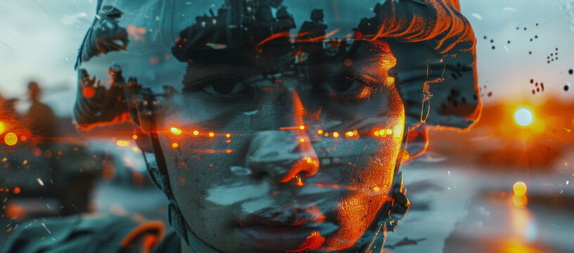 Military soldier silhouette with tank and fiery background. A tribute to the realities of war.