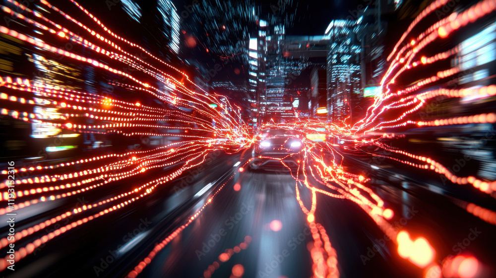Poster dynamic city scene showcasing car in motion, surrounded by vibrant red light trails. image captures 