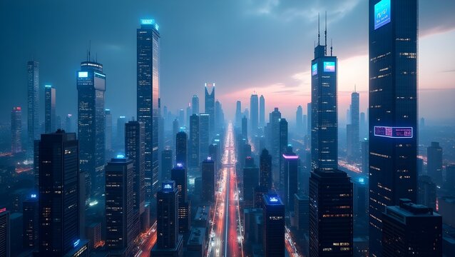 Futuristic cityscape with augmented reality elements overlaying real-world structures