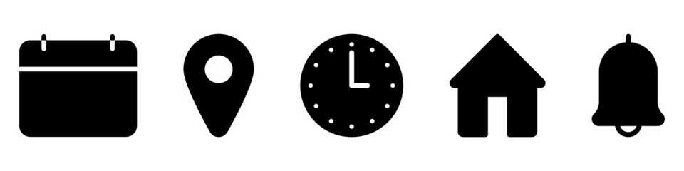 Address time date icons set. Address location icon. Stopwatch timer icon. Date Calendar icon.