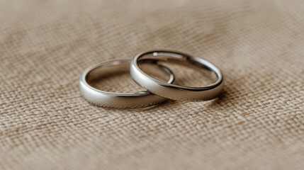 Two simple silver wedding bands rest on beige fabric.