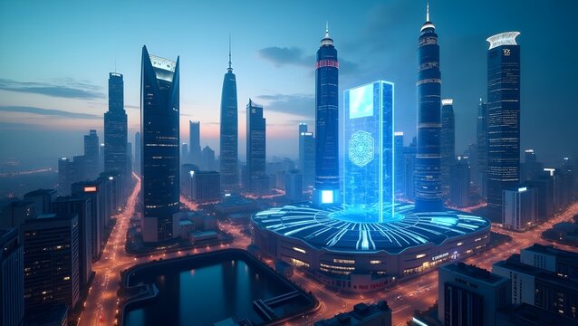 Futuristic cityscape with augmented reality elements overlaying real-world structures - Powered by Adobe