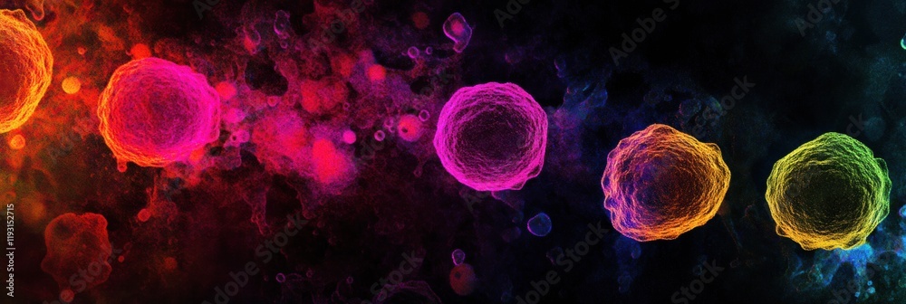 Poster magnified view of colorful viruses highlighting their unique structures and interactions in a vibran
