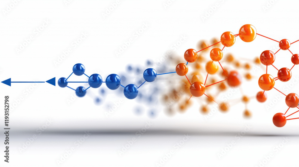 Poster visual representation of molecular structures illustrating transition from blue to orange, symbolizi