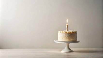 A single lit candle atop a small, creamy frosted cake on a white cake stand