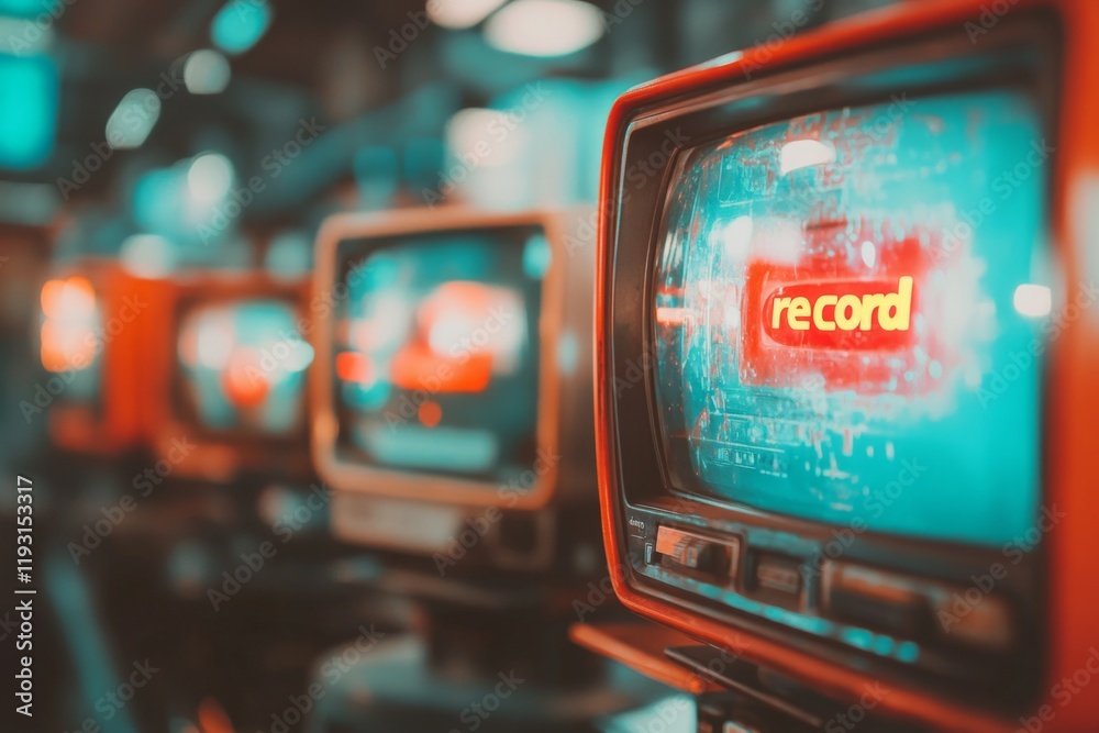 Poster A retro TV playing static noise, with a VHS player displaying a glowing red 