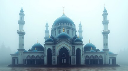 Majestic mosque shrouded in fog.