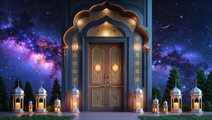 Obraz premium Elegant Islamic Ramadan Greetings Featuring Ornamental Design Elements Perfect for Festive Celebrations