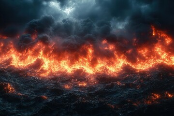 a dark stormy backdrop framed by fiery rocks and flickering flames, creating a dramatic atmosphere filled with tension and contrast against the turbulent sky
