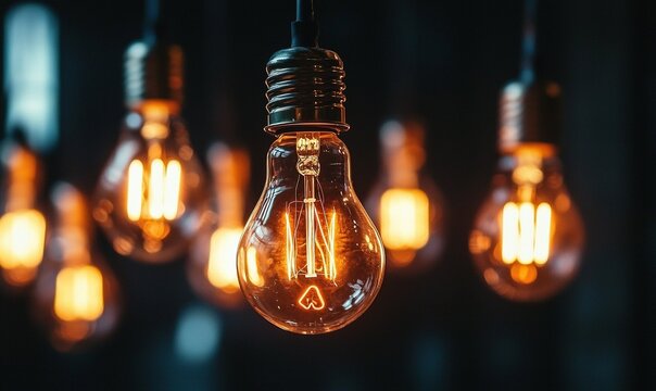 Hanging glowing lightbulbs with filaments against dark background, ideal for innovation or idea concepts