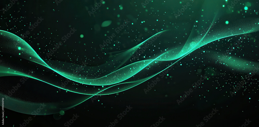 Wall mural abstract green glowing light lines with particles create mesmerizing effect