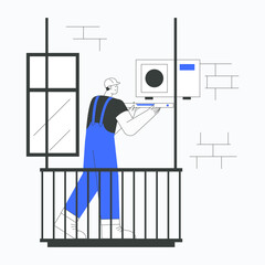 Technician installing air conditioning unit in flat vector illustration symbolizing home maintenance, repair service, and professional work, isolated on white background.