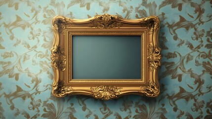 Ornate gold frame against a teal damask wall