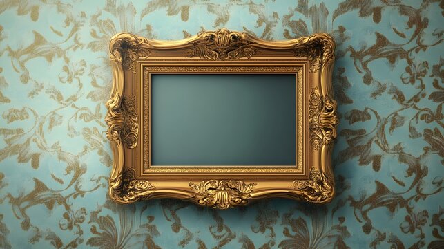 Ornate gold frame against a teal damask wall