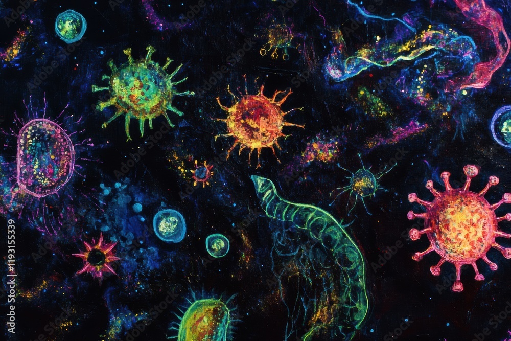 Aufkleber magnified colorful representation of various viruses in a vibrant scientific illustration. generativ