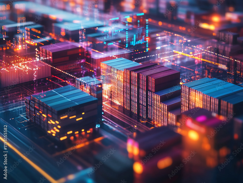 Poster Futuristic glowing data grid with digital containers and light patterns