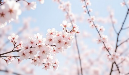 Clusters of soft pink cherry blossoms adorn branches, with a clear blue sky in the background, symbolizing the charm and renewal of spring.