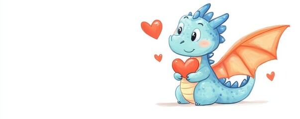Fototapeta premium Whimsical cartoon dragon with heart wings in enchanted forest