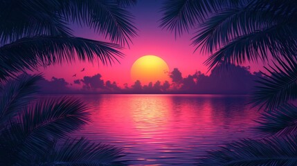 12011935 83 Vibrant sunset over tropical vacation destinations framed by swaying palm trees Stock Photo with side copy space