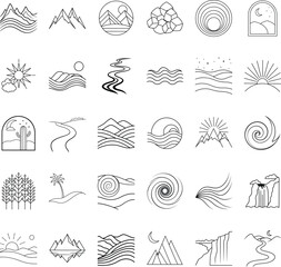 Minimalist Line Art Nature Icons Mountains, Waves, Sun, Desert
