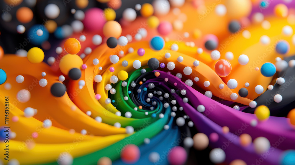 Fototapete vibrant swirl of colorful spheres and flowing fabric creates dynamic visual experience. interplay of