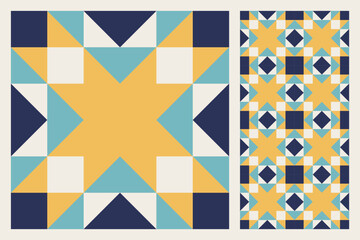 Geometric Star Pattern, Bold and Colorful Quilt Design with Repeating Motif, seamless vector pattern, abstract geometric background. Traditional barn star-shaped patchwork quilt block © Slanapotam