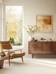 Fototapeta premium Cozy modern living room with natural light and minimalist decor in an inviting atmosphere