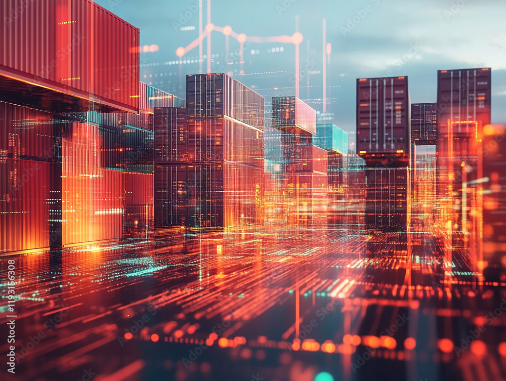 Poster futuristic digital containers with glowing red and blue light patterns