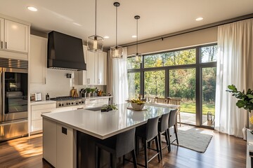 Modern kitchen with island, hardwood floors, and large windows overlooking a garden.