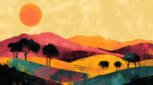 Sunset Over Rolling Hills and Silhouetted Trees - Powered by Adobe