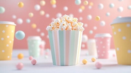 Popcorn in pastel striped box with colorful balls and cups.
