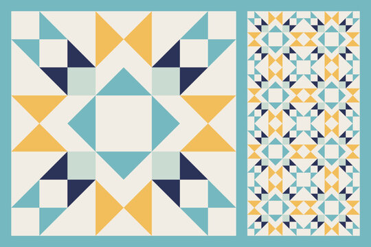 Geometric Star Pattern, Bold and Colorful Quilt Design with Repeating Motif, seamless vector pattern, abstract geometric background. Traditional barn star-shaped patchwork quilt block