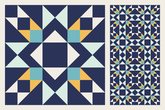 Geometric Star Pattern, Bold and Colorful Quilt Design with Repeating Motif, seamless vector pattern, abstract geometric background. Traditional barn star-shaped patchwork quilt block